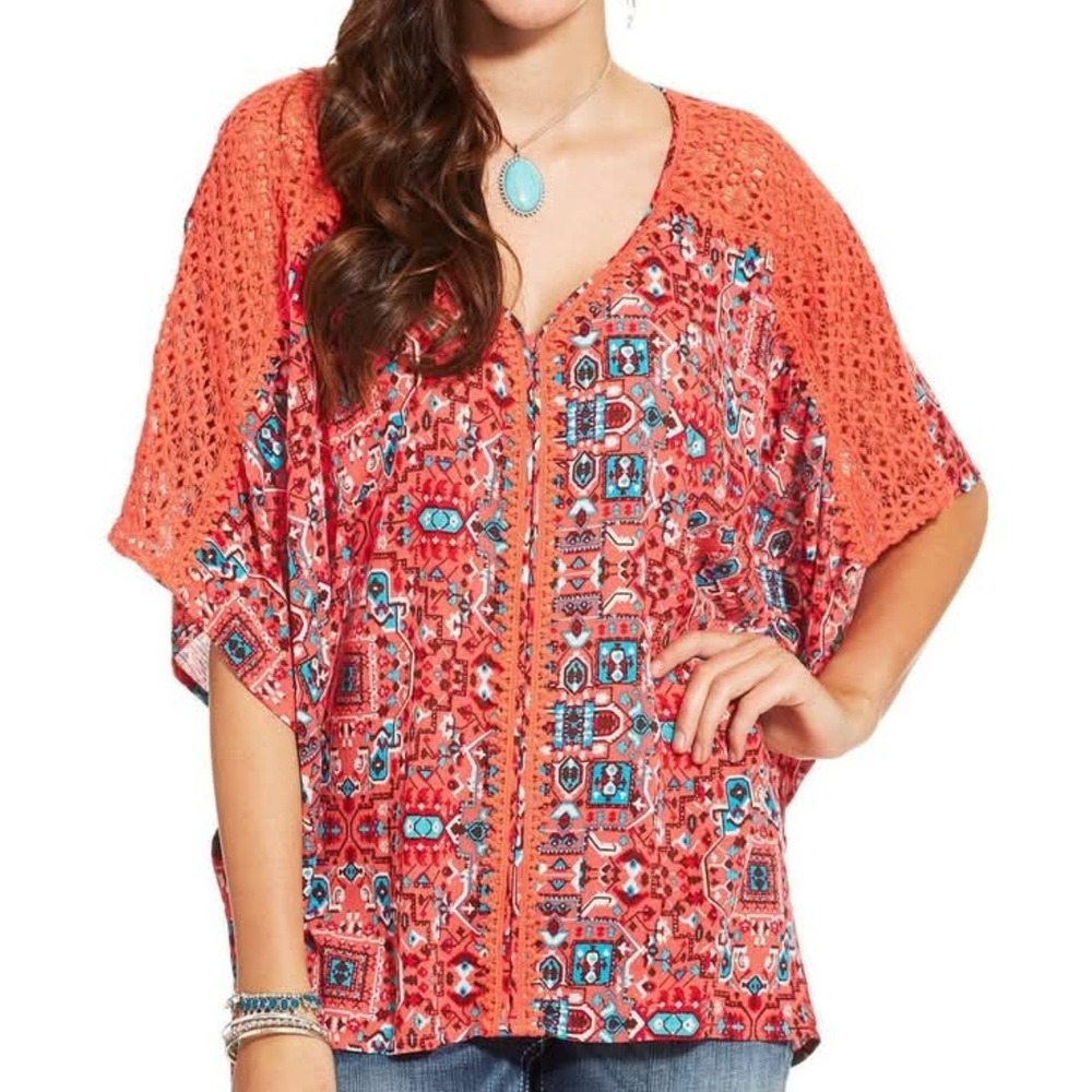 Ariat Tunic Poncho Butterfly Sleeve Large Western Tribal Flower Lace Aztec Loose